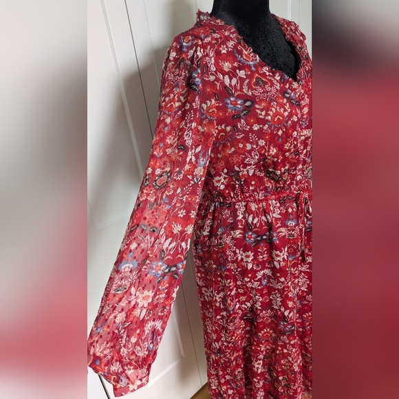 Loft Clip Floral Boho Red Chiffon Midi Dress, Size L, long Sleeves, V-neck - Picture 10 of 13